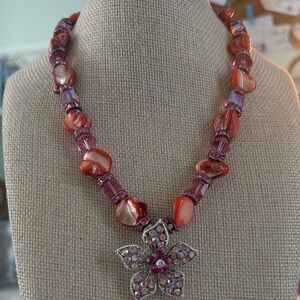Elegant Pink and Orange Stone Floral Necklace 9”